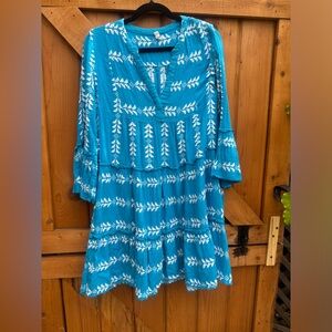 Teal and White embroidered cotton dress/c coverup Size M